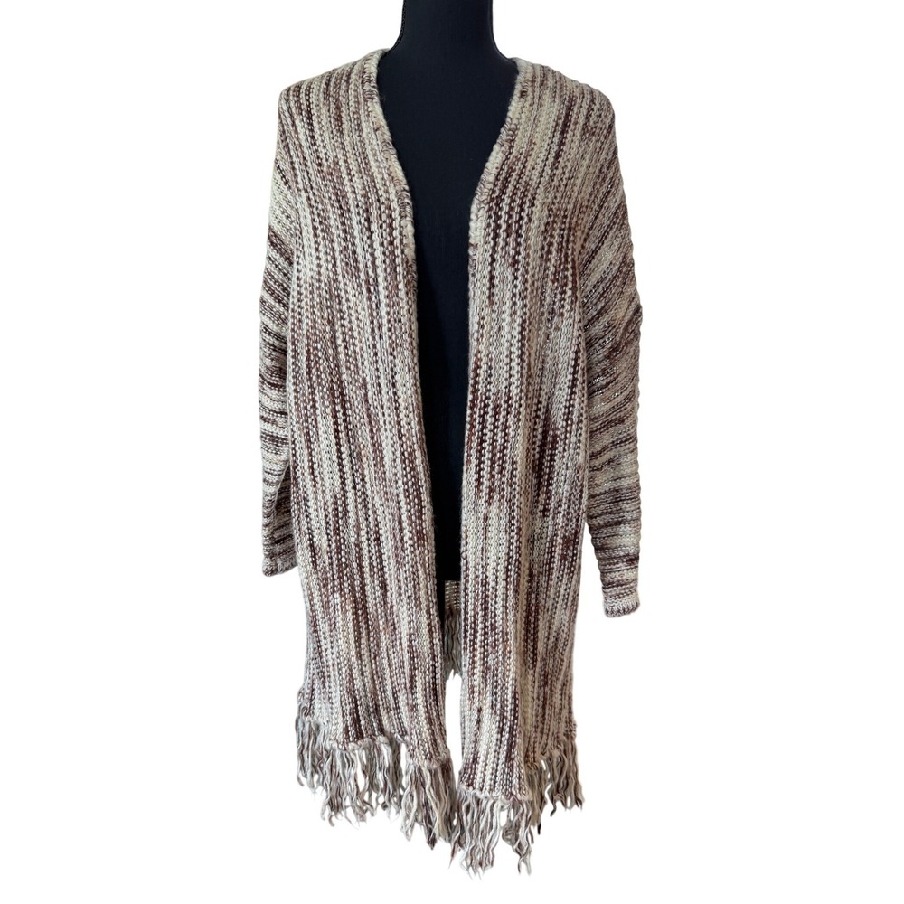 POL Open Front Cardigan Sweater Womens M Brown Cream‎ Space Dye Fringe Boho